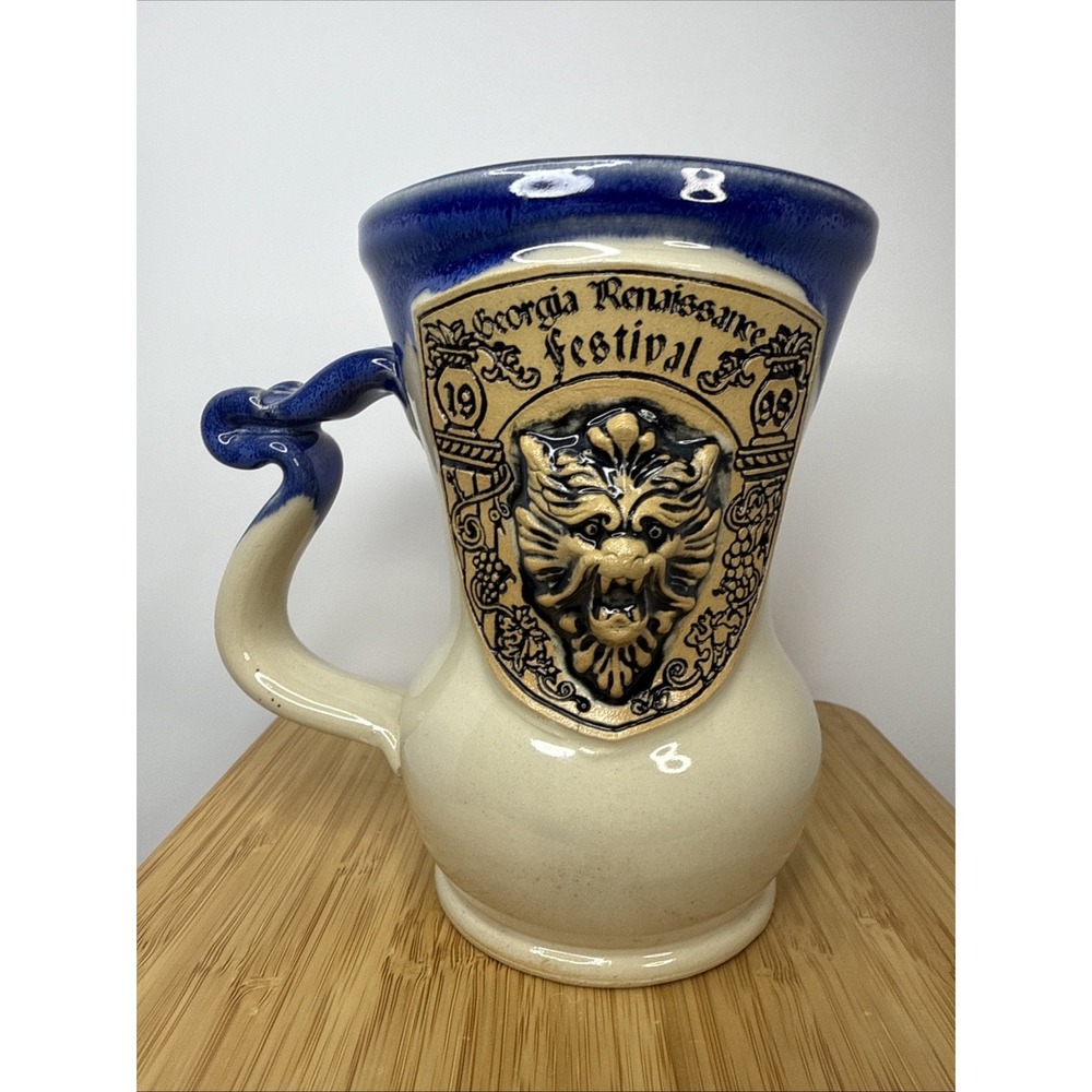 Vintage 1998 Georgia Renaissance‎ Festival Mug RenFest Pottery Stoneware Blue